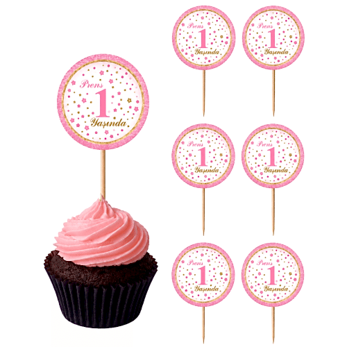 Prenses 1 Yaş Cupcake Kürdan Süsü 20 Adet Pembe Doğum Günü Parti Dekoru